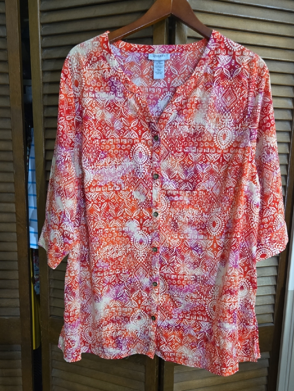 Catherines Coral and White Printed Button-Down Tunic Like New